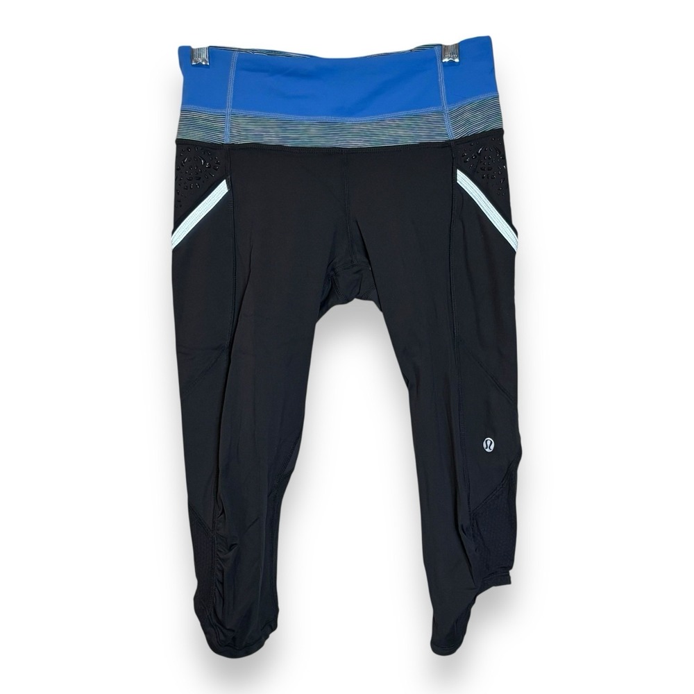 Lululemon Crop Legging Womens 4 Black Blue Ruched Leg Zip Pocket 17"